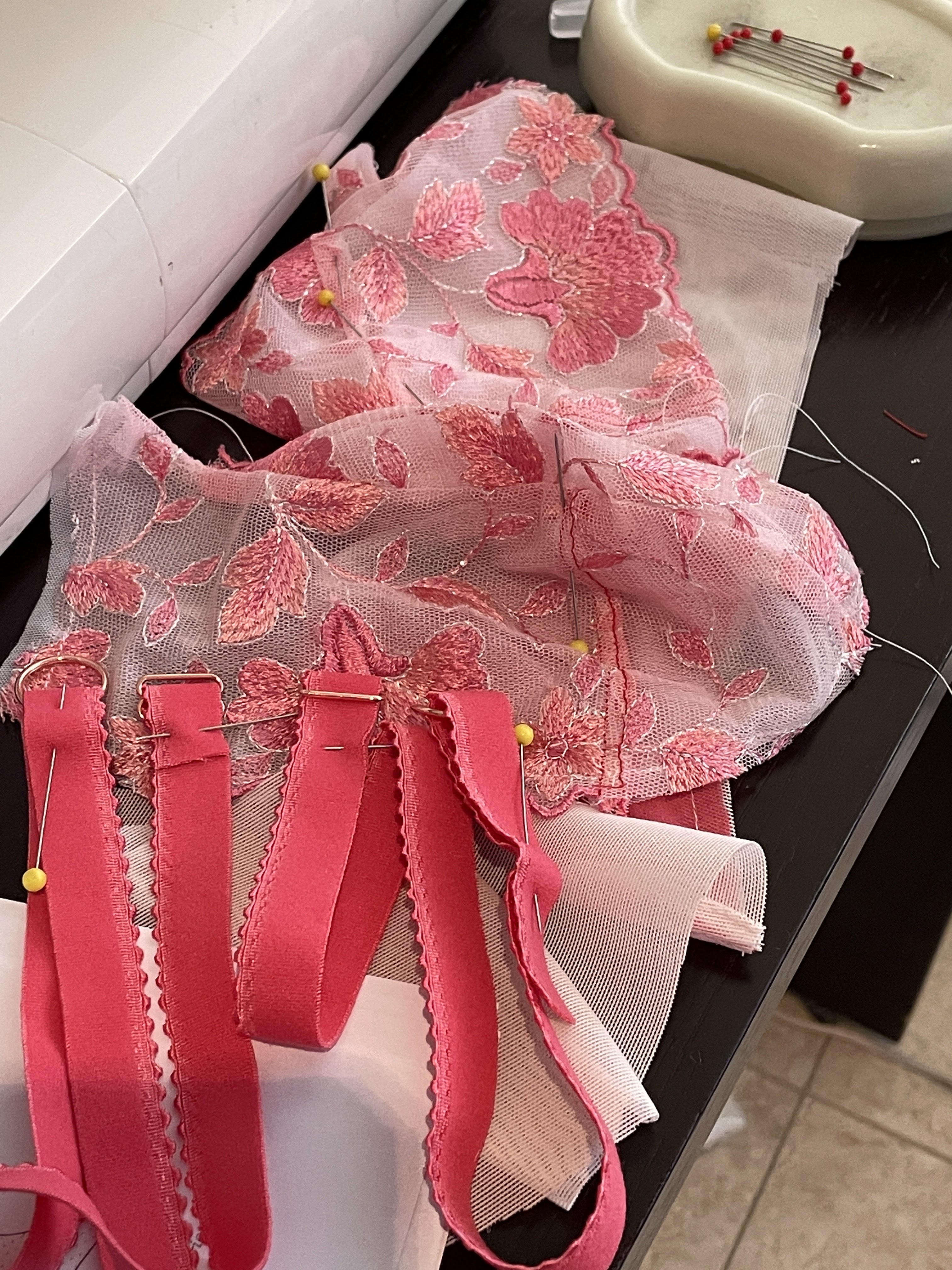 A second Harriet bra in progress on the desk in the hotel room