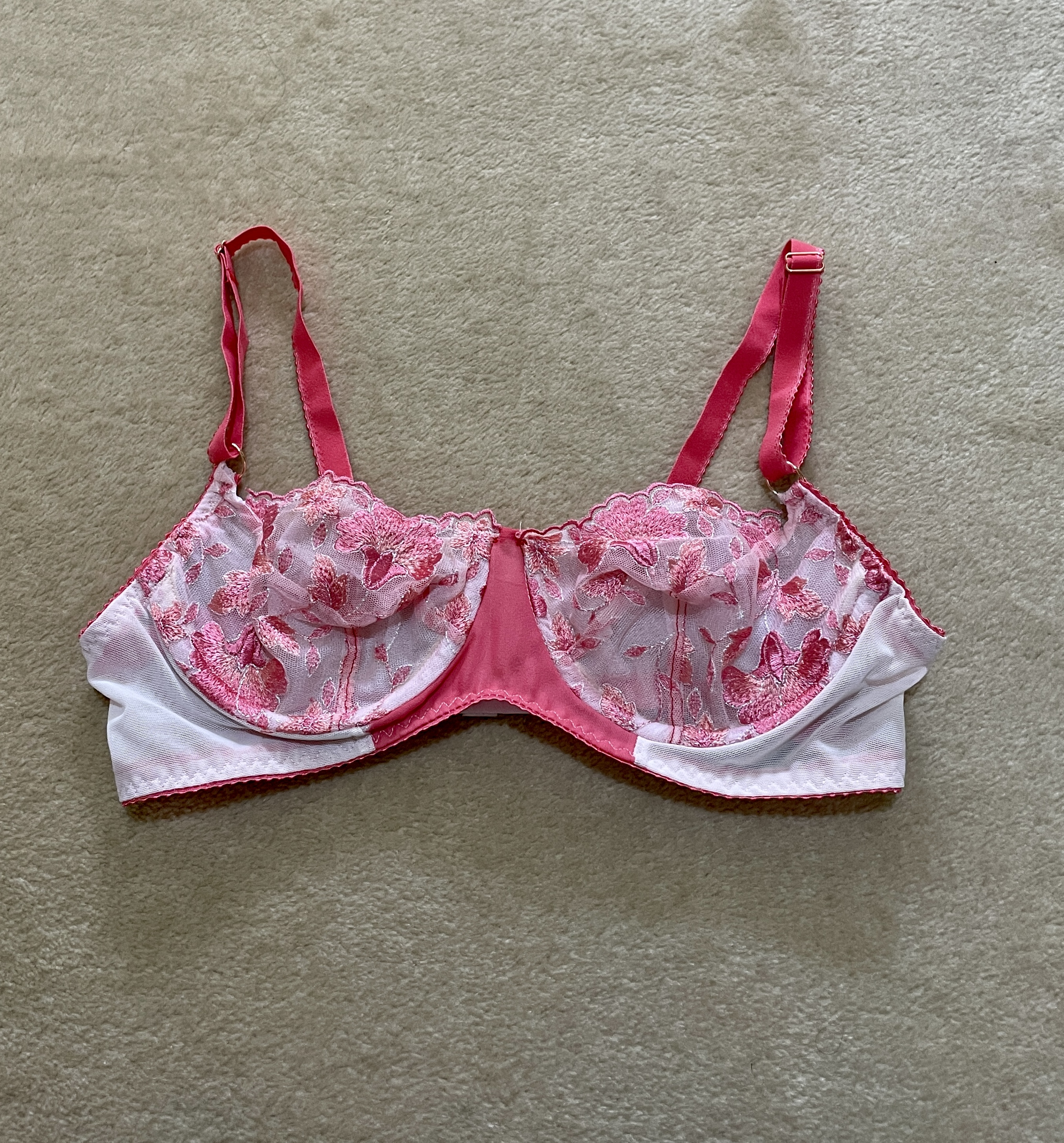 watermelon coloured lace harriet bra finished