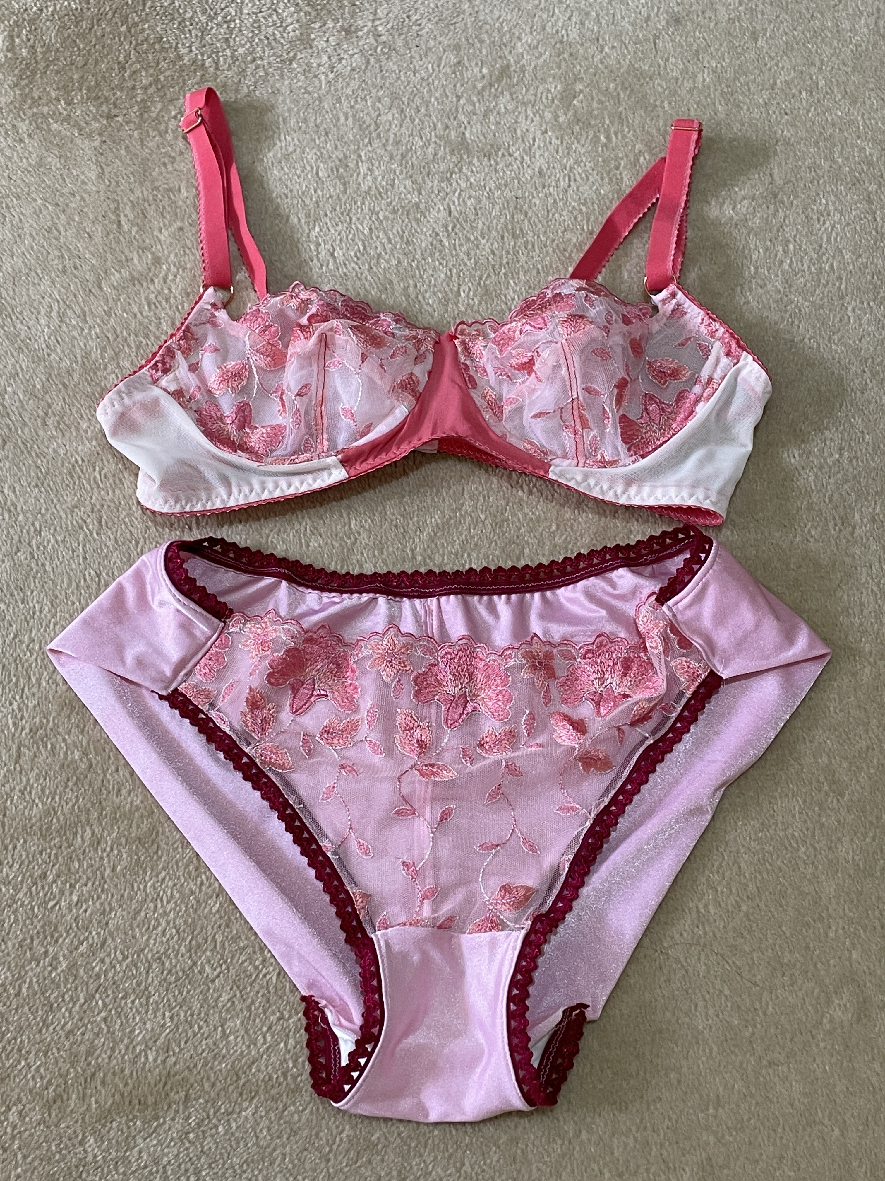 watermelon colour Harriet bra now with matching knickers. Watermelon lace used on the front of the knickers with raspberry colour knicker elastic used in raspberry pink knit fabric base.